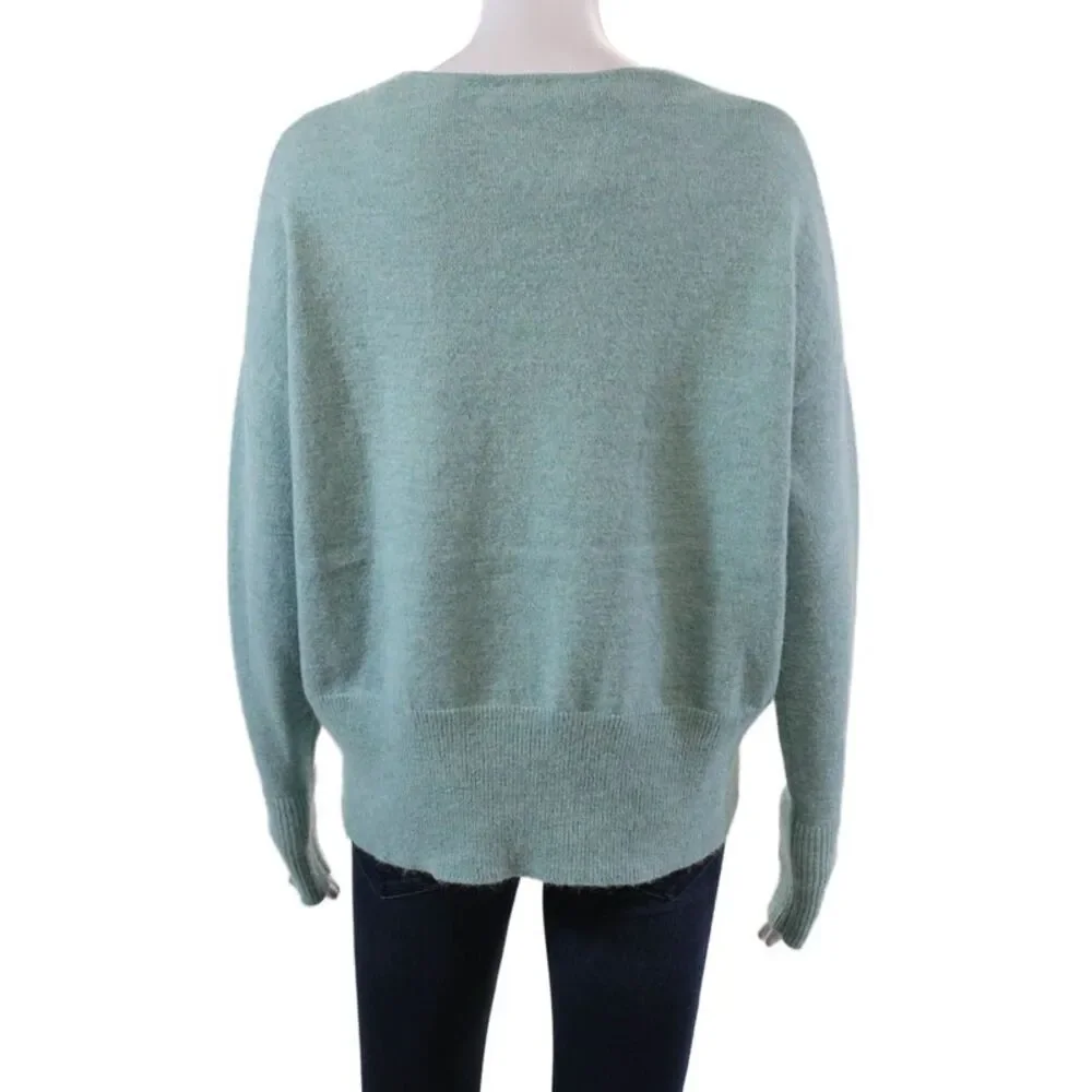 Renuar Womens Long Sleeve Knitted Ribbed Hem V-Neck Sweater Blue Size XL